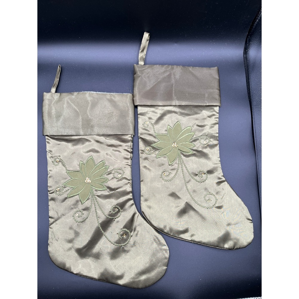 Set of 2 Christmas Stocking Satin Sage Green Poinsettia Beaded Holiday 16" As Is